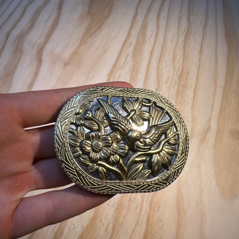Carol Anderson Vintage Hummingbird Floral Belt Buckle Brass Silver Two Tone